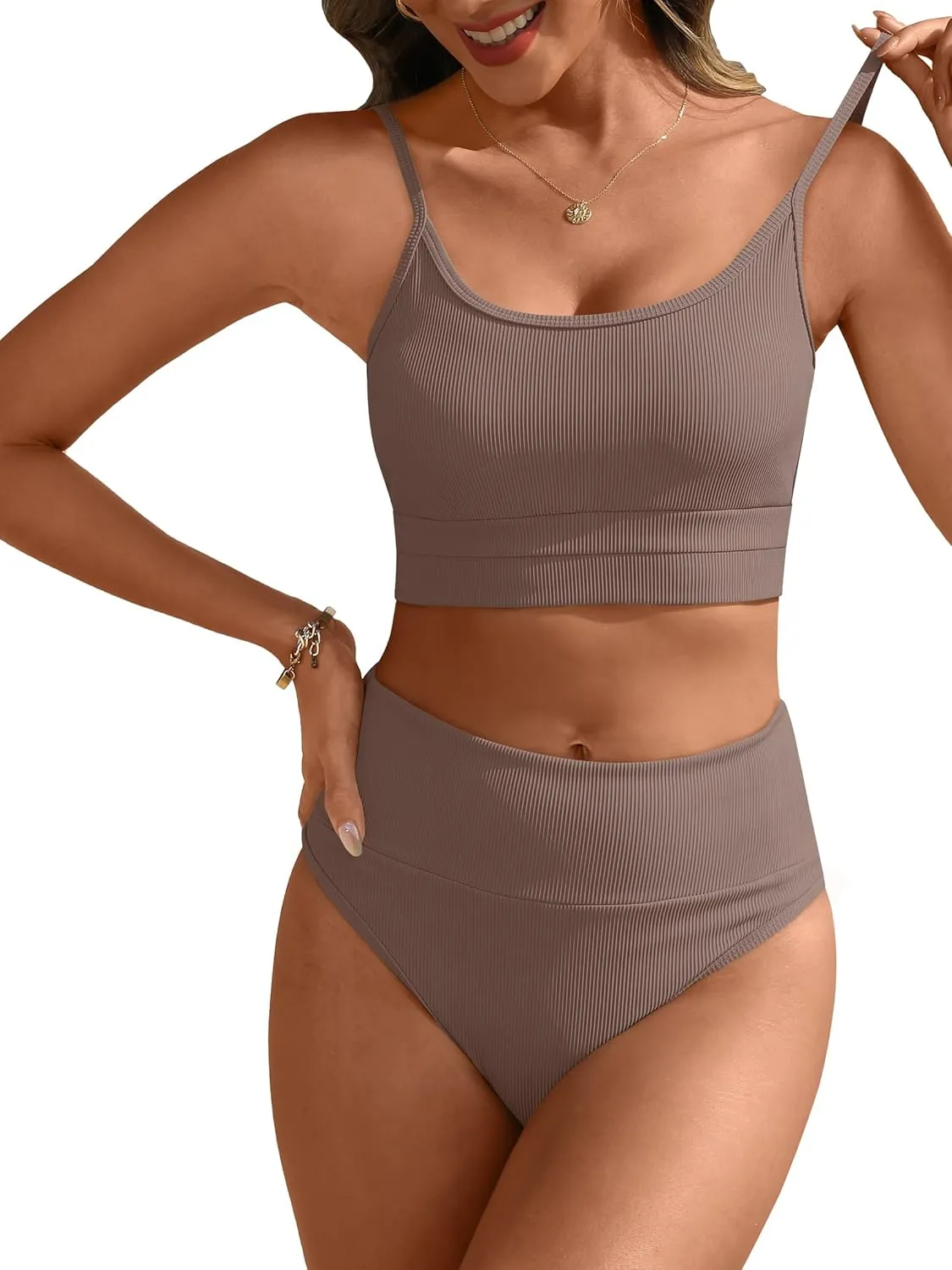 ANRABESS Women High Waisted Bikini Sets Color Block Summer Beach Vacation 2 Piece Bathing Suit Tummy Control Ribbed Swimsuit