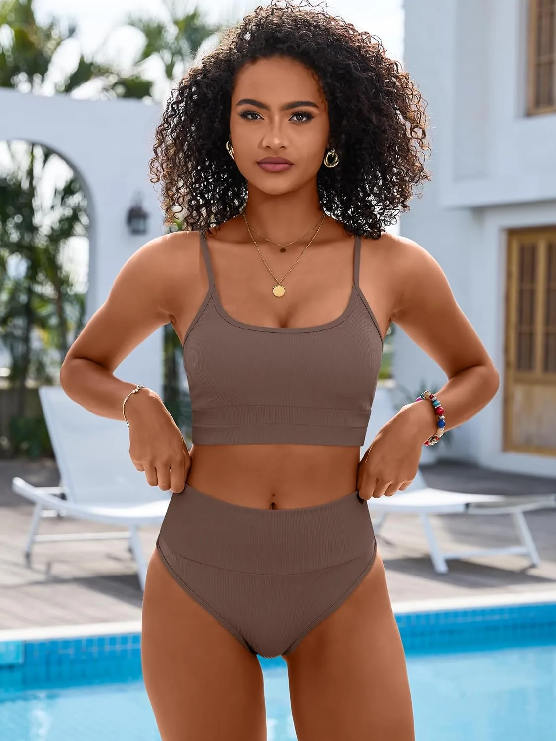 ANRABESS Women High Waisted Bikini Sets Color Block Summer Beach Vacation 2 Piece Bathing Suit Tummy Control Ribbed Swimsuit