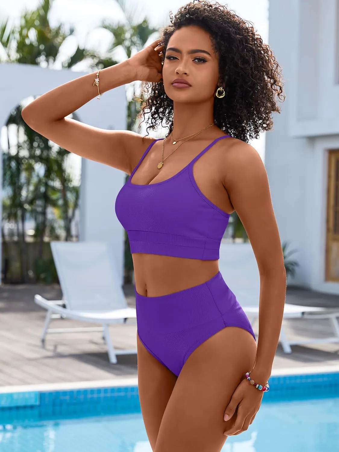 ANRABESS Women High Waisted Bikini Sets Color Block Summer Beach Vacation 2 Piece Bathing Suit Tummy Control Ribbed Swimsuit