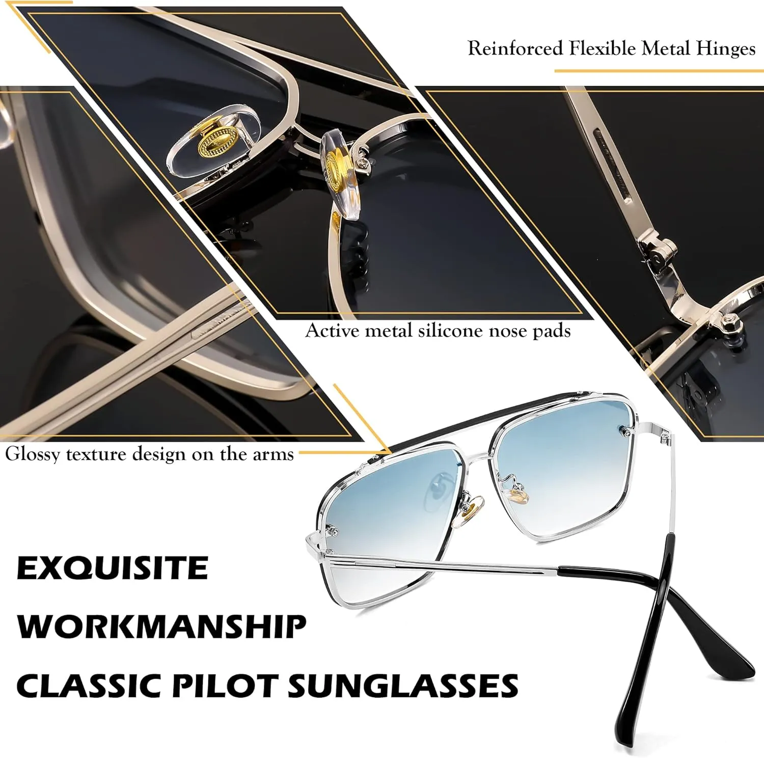 FEISEDY Sunglasses, Fashion Square Pilot Sunglasses, Vintage Metal Gradient Glasses for Men and Women, B4104