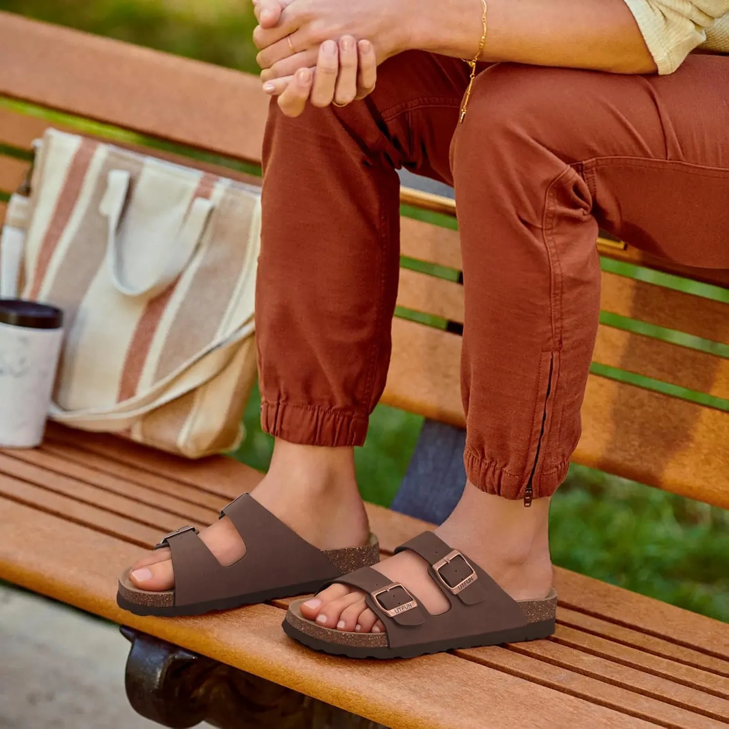 Litfun Women's Cork Footbed Sandal Summer Slip On Slide Sandals with Adjustable Buckle