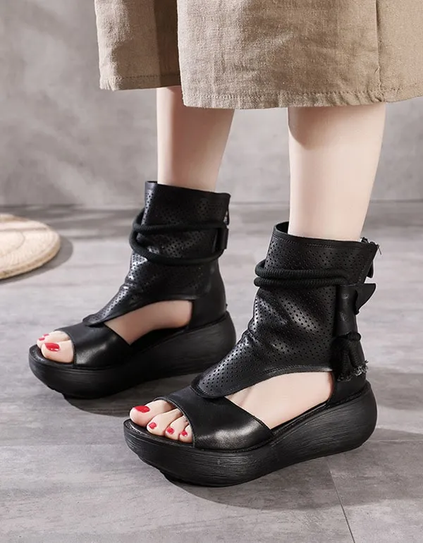 Summer Open Toe Side Hollow Leather Sandals