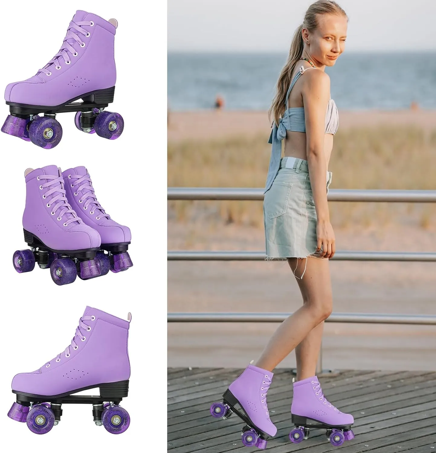 YYW Roller Skates for Women Girls High Top Shoes Men Double Row Shiny Four Wheel Unisex PU Roller Derby Skates for Kid Beginner Indoor Outdoor